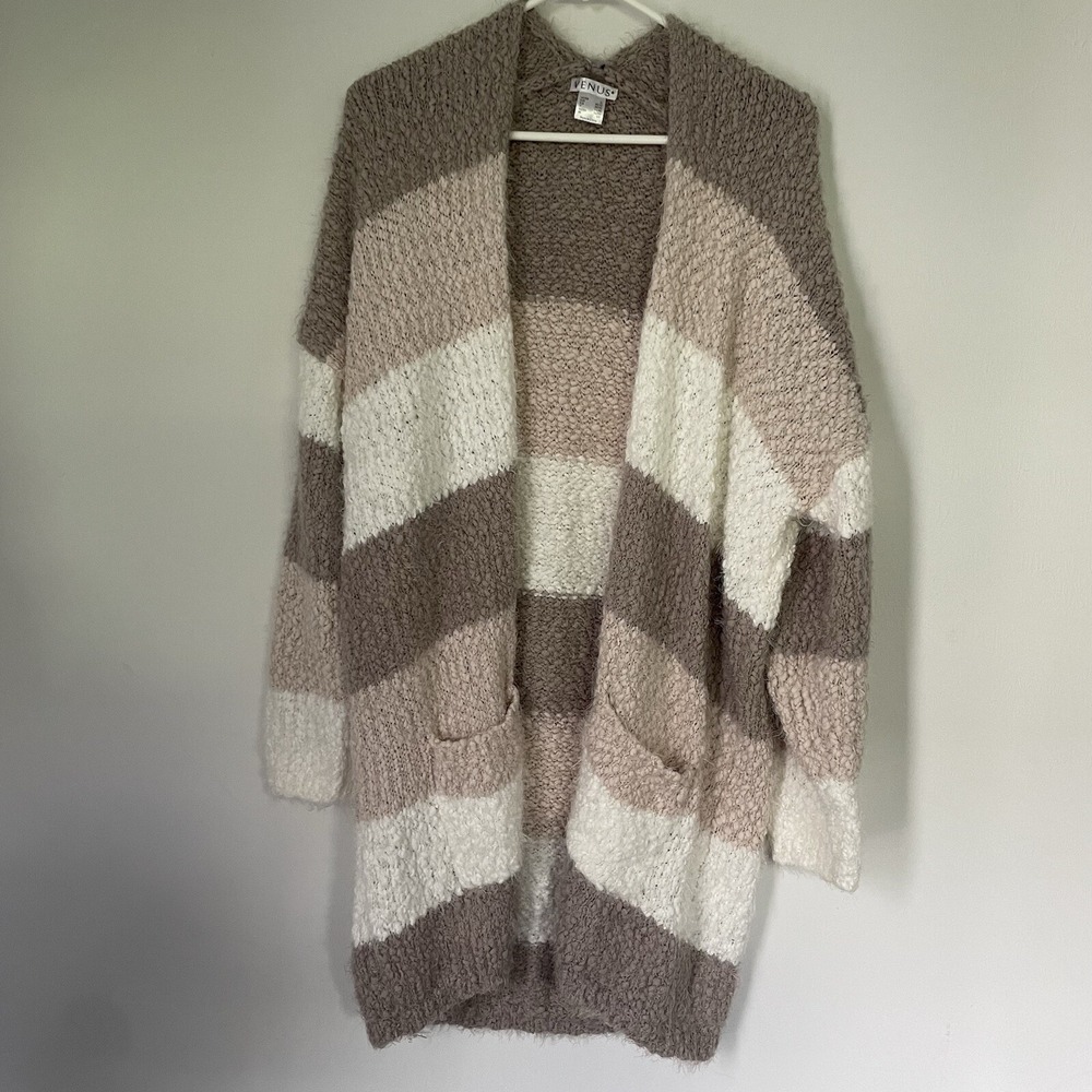 Venus Cardigan Sweater Women XL Tan White Striped Popcorn Knit Open Front Pocket